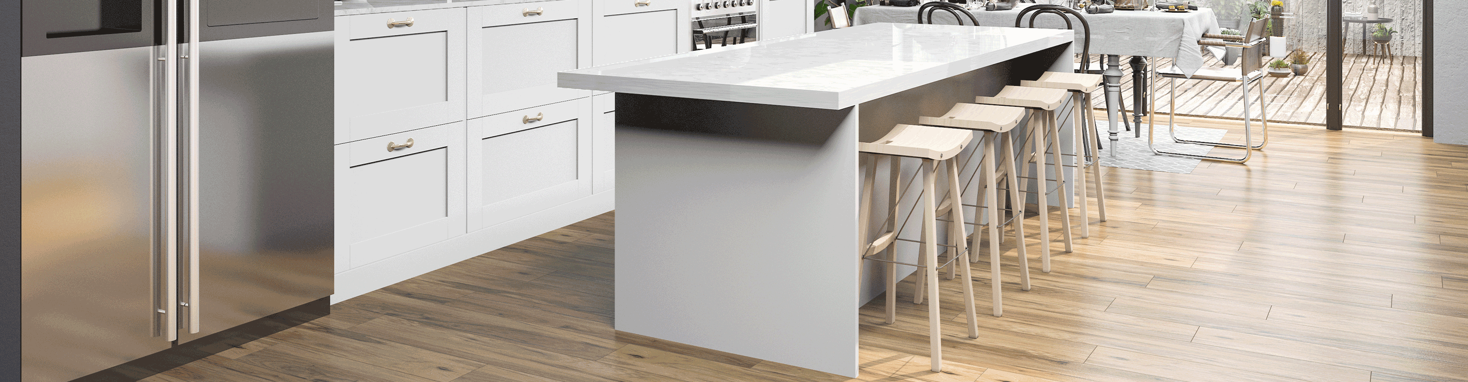 luxury vinyl plank flooring in minimalist white kitchen with plants